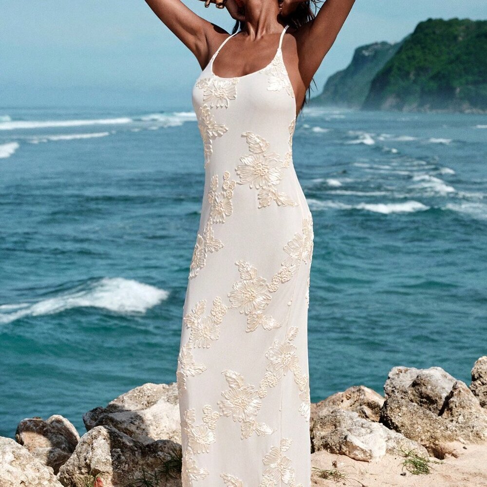 Apricot Elegant Women's Backless Floral Jacquard Halter Maxi Dress - Picture 3 of 7